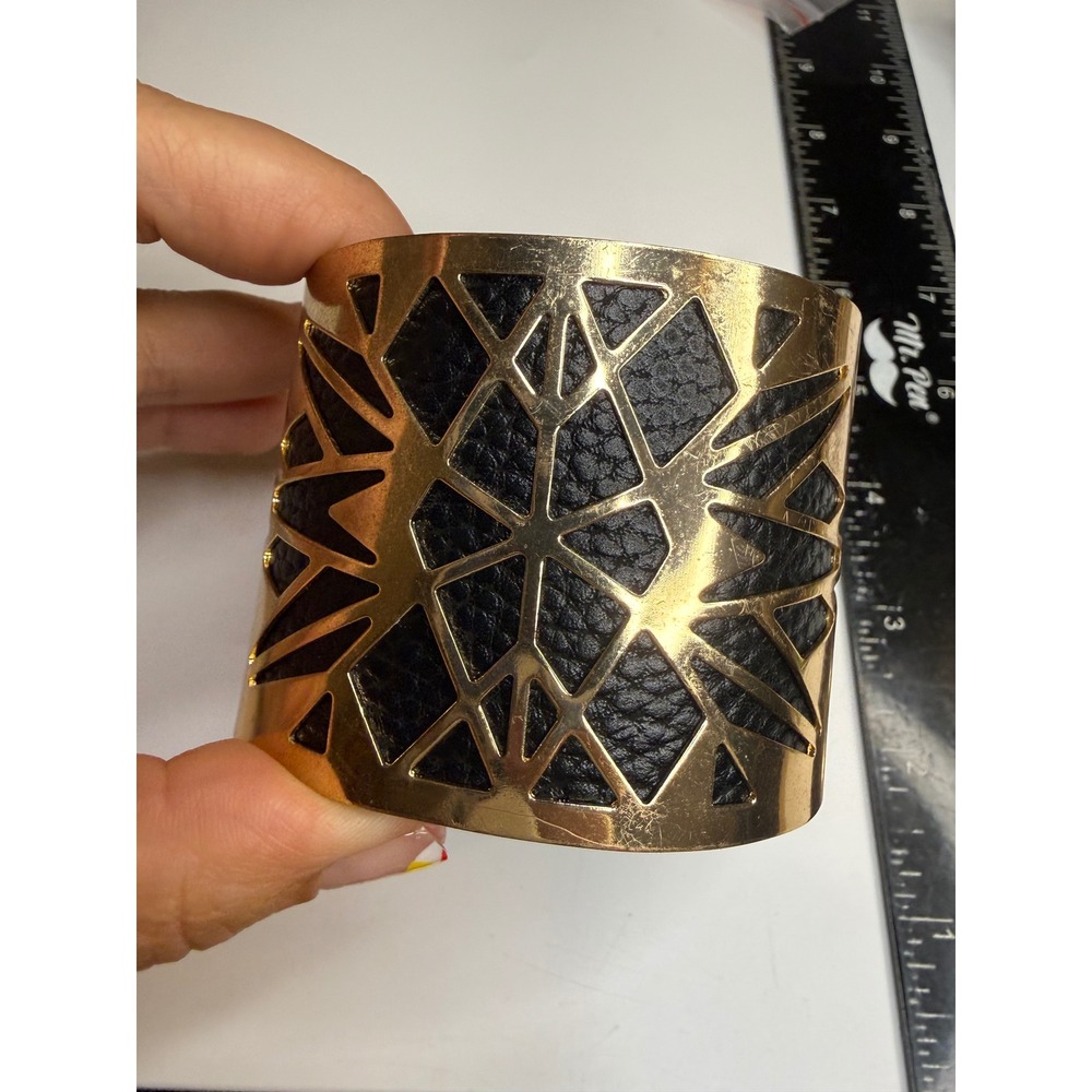 Gold Tone Geometric Cutout Cuff Bracelet Black Textured Faux Leather Inlay Wide